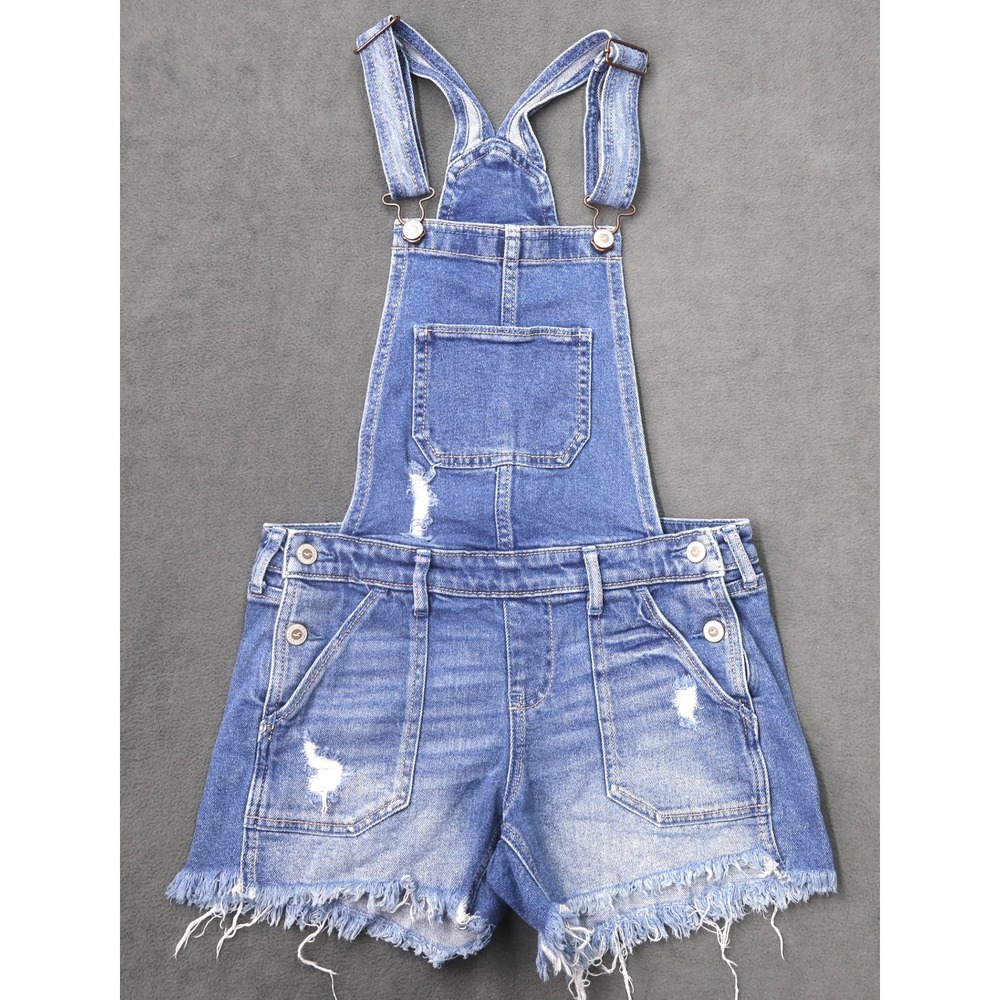 Hollister Boyfriend Short Overalls Womens XS Blue Excellent Distressed Raw Hem